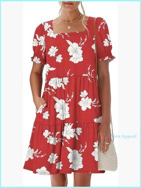 Summer Square Neck Puff Sleeve Mini Dress with Pockets Casual Flowy Sundress